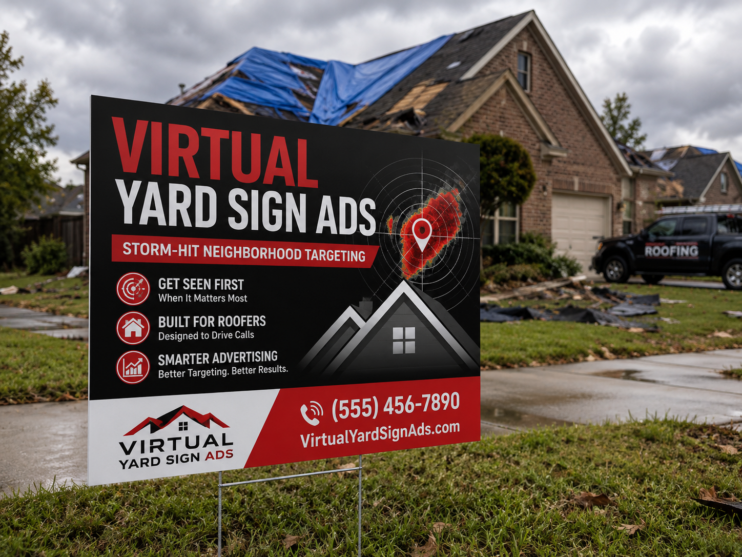 Virtual Yard Sign Ads yard sign in a storm-hit neighborhood